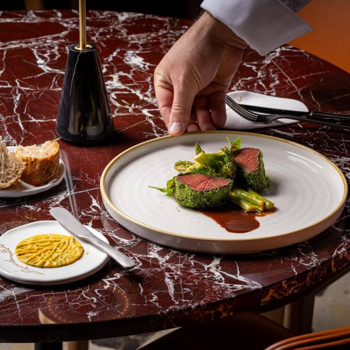 Cotlet de cerb în crustă de ierburi, cu ragu de legume cu fructe de pădure și sos de ciocolată neagră