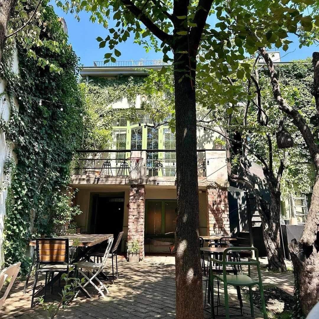 Terasă Simbio, una dintre cele mai populare terase București, cu mese în grădină și vegetație luxuriantă.
