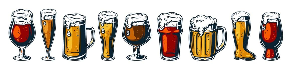 o ilustratie cu mai multe tipuri de bere si mai multe tipuri de pahare de bere