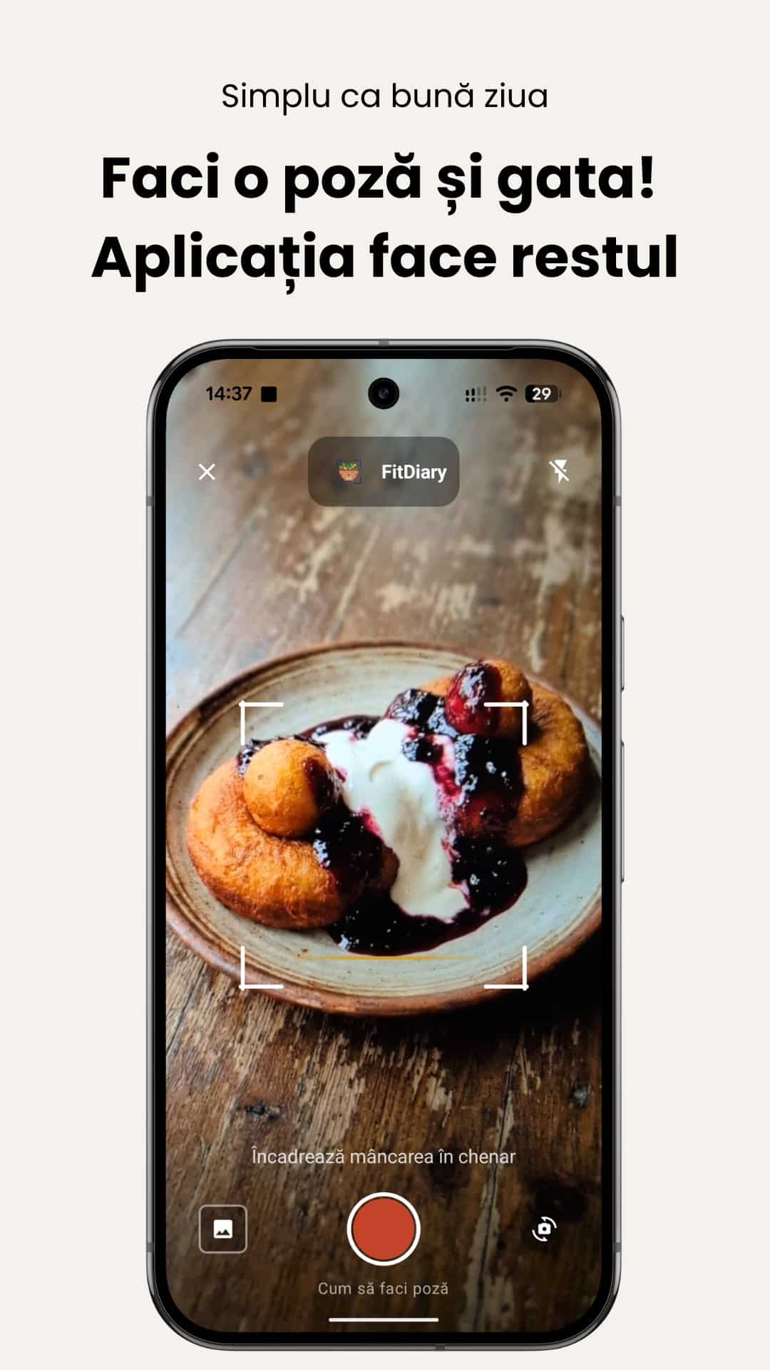 ecran din aplicatia de mobil FitDiary - una din aplicații de numărat caloriile. Aplicație românească de numărat calorii, cu inteligenta artificiala, cu mancaruri romanesti