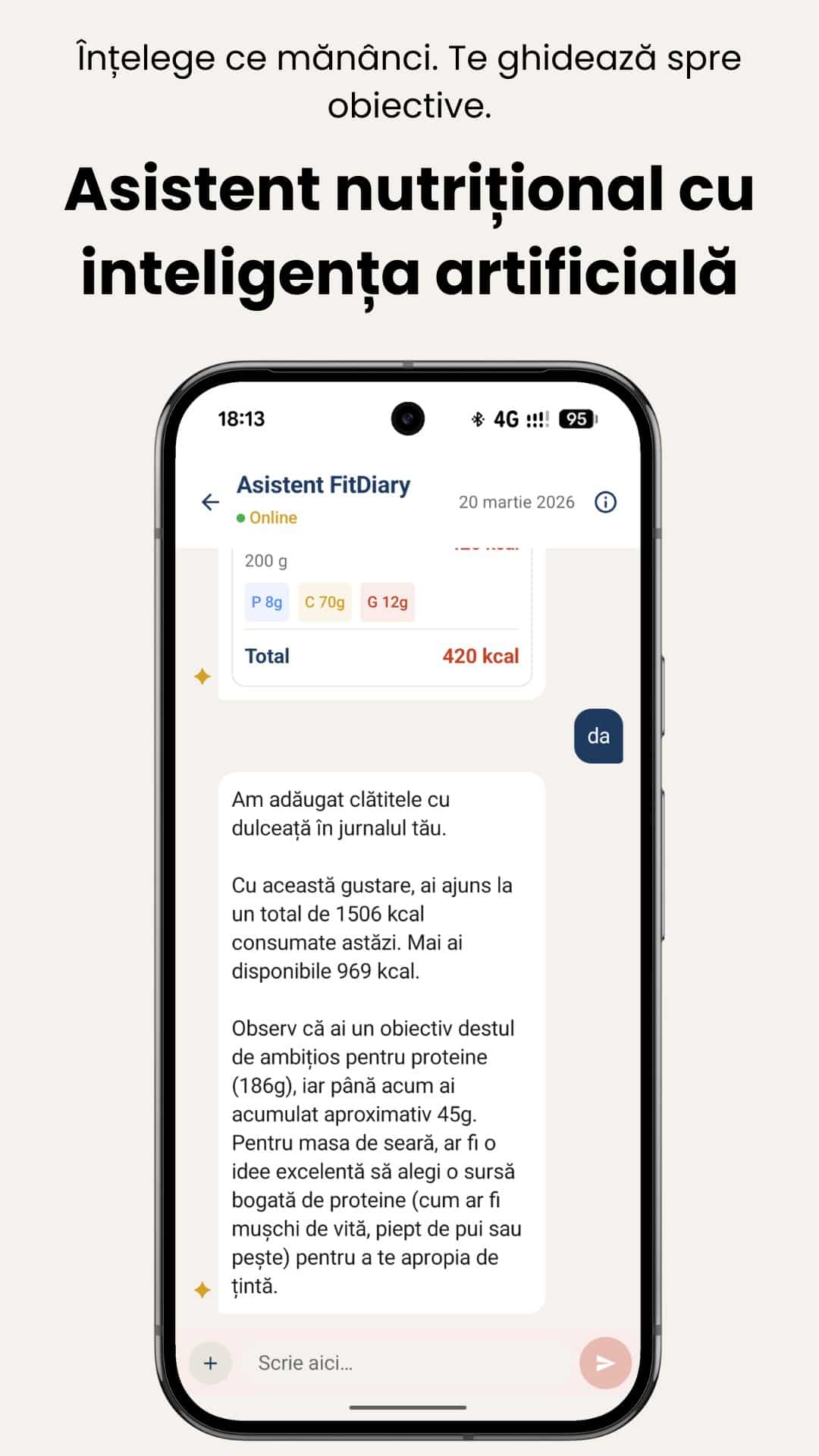 ecran din aplicatia de mobil FitDiary - una din aplicații de numărat caloriile. Aplicație românească de numărat calorii, cu inteligenta artificiala, cu mancaruri romanesti
