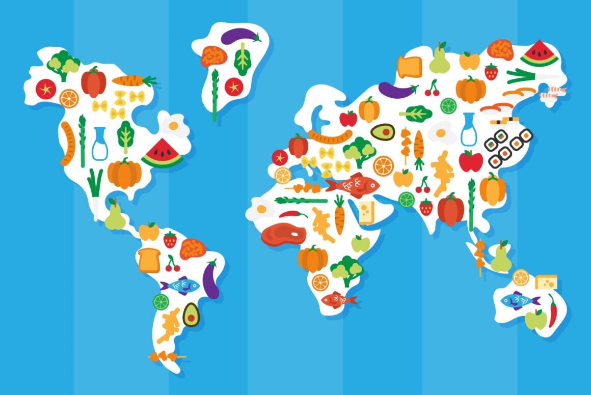 O harta a lumii ilustrata cu principapepe ingrediente folosite in bucatariile nationale. Preparate din jurul lumii.