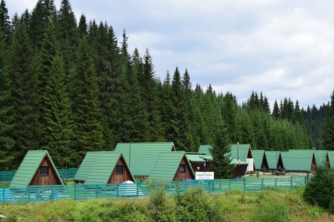 Imagine panoramica cu casute cu acoperis verde, iar in spate padurea de brazi, la Capingul Zanoaga. Campinguri din România