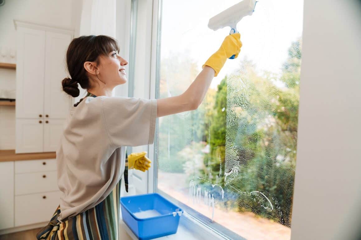 Femeie tanara carte poarta manusi si spala un geam cu produse naturale de curățenie