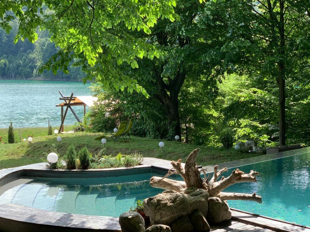 piscina inconjurata d everdeata si copaci iar in fundal un lac la cort de glamping cu terasa din lemn la Luxury Lake House & Glamping Teșila. Glamping în România