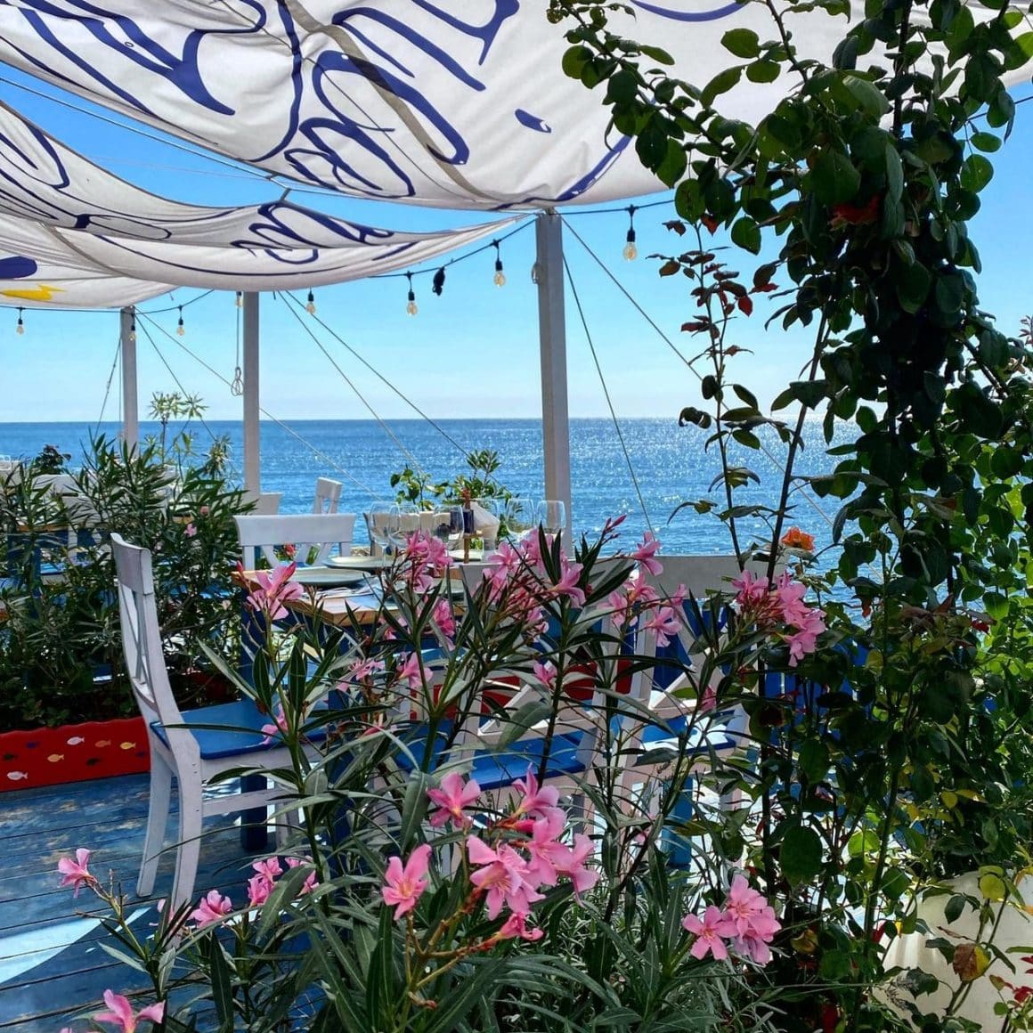 Cherhanale de pe litoralul românesc: Pescăria lui Matei cu mese pe terasa acoperita, flori si in fundal marea