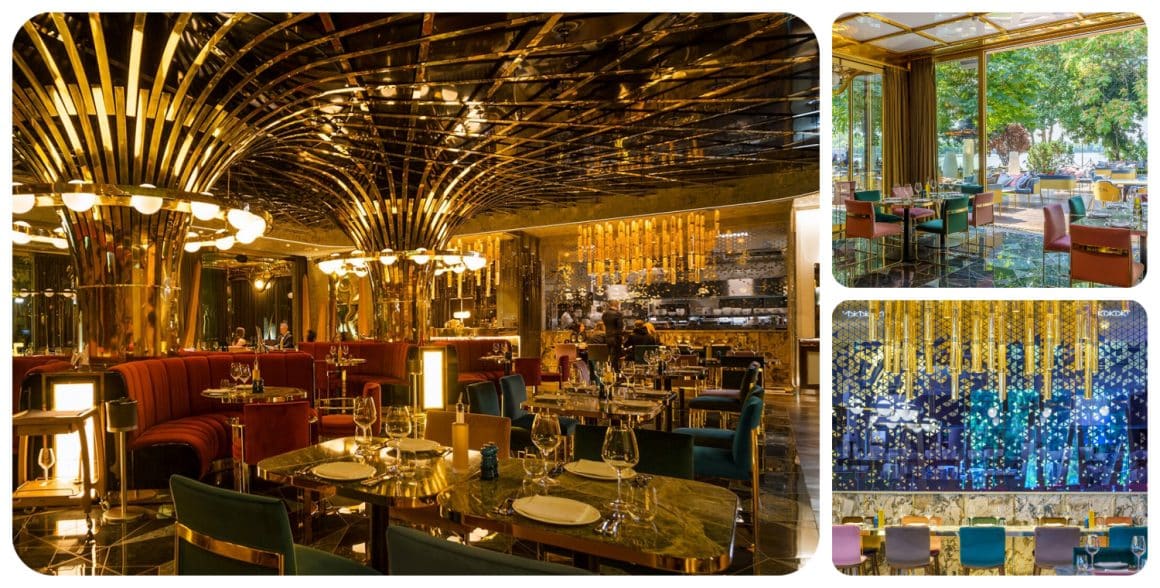colaj foto cu imagini din restaurantul Tuya Bucharest, amenajat luxos, cu mobilier din catifea, pardoseala lucioasa, ferestre mari cu rame aurii si candelabre fastuoase. 