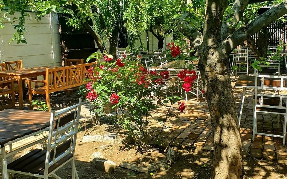 Suento Garden, grădini din București, cu mese asezate printre copaci, la umbra