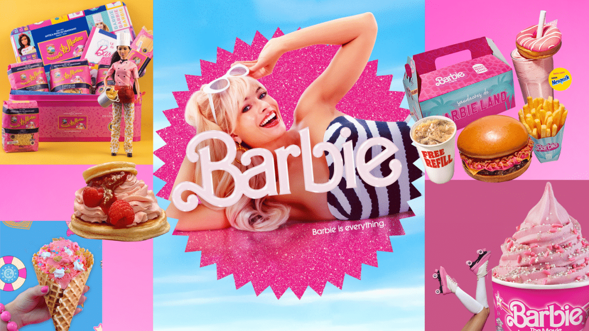colaj foto cu Margot Robbie in rolul lui Barbie si mai multe poze cu mâncare inspirate din film