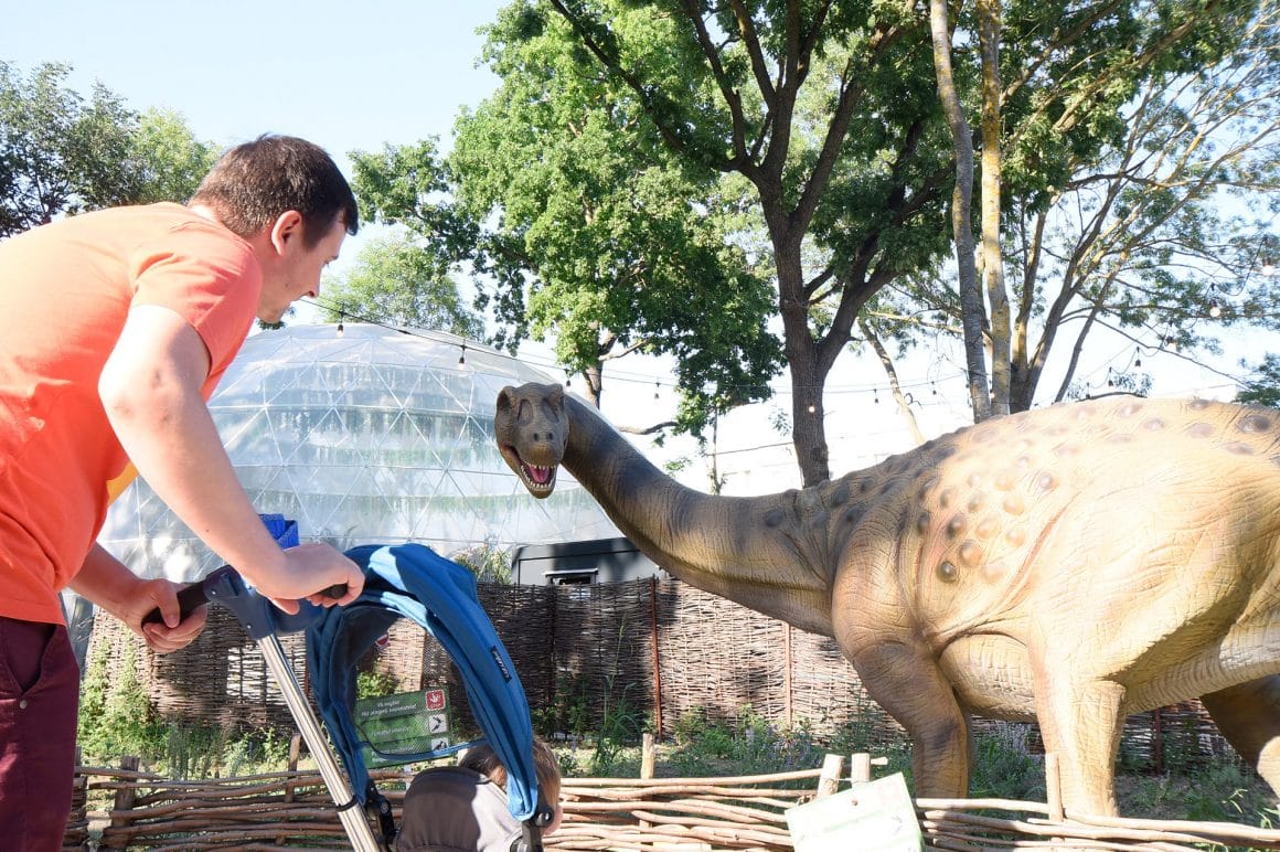 un tată cu copilul lui din carucior privesc spre un dinozaur din parcul de distractii.