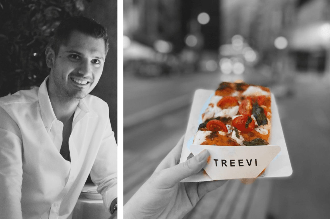 Colaj foto cu Catalin Tomata, owner Treevi Pizza Al Taglio si o alta fotografie alb negru, in care doar felia de pizza e colorată