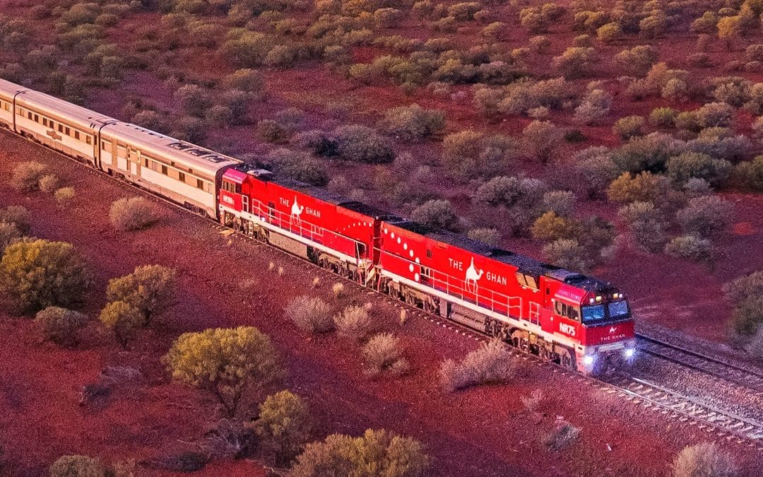 trenul the gahn, unul dintre trenuri internaționale de lux, trece prin tre tufele din pustiul australian.