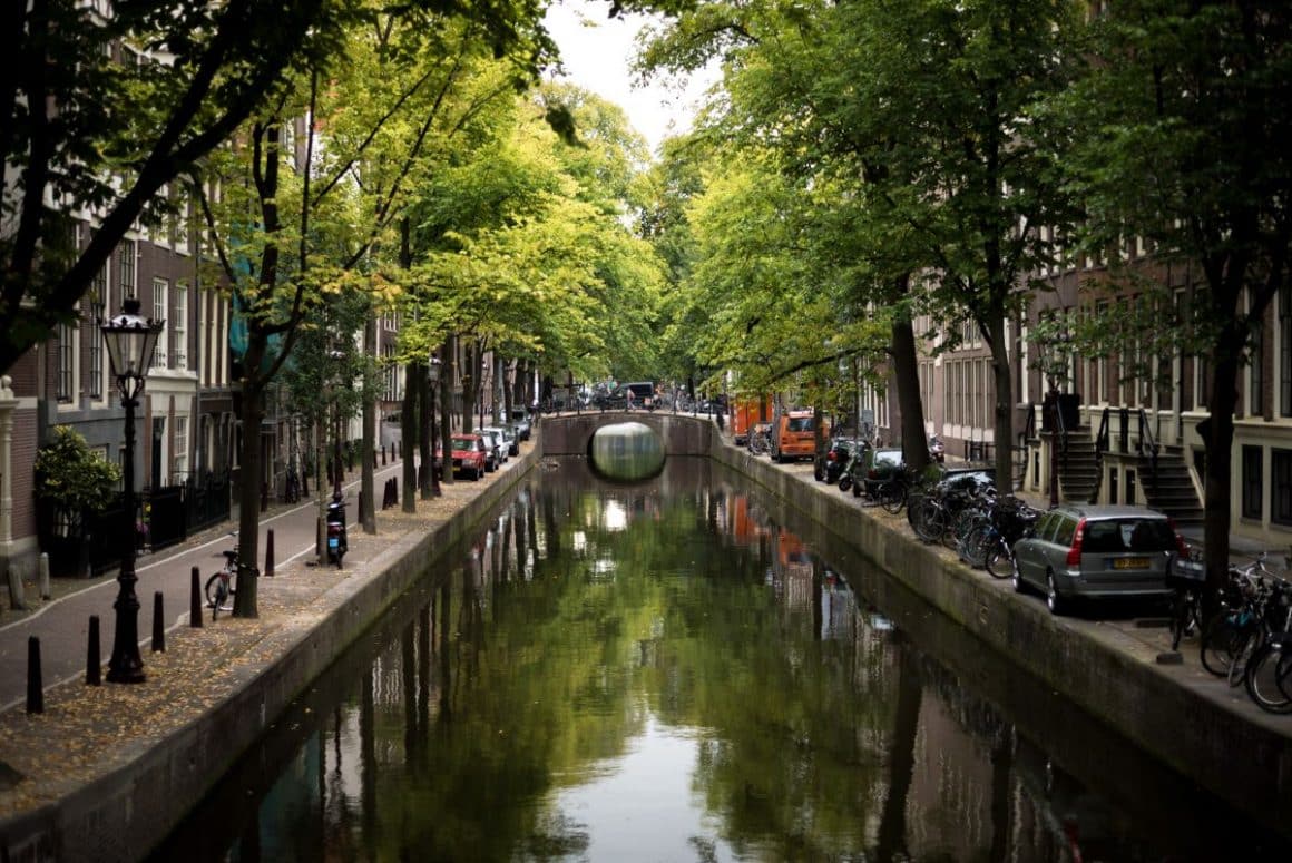 unul dintre podurile din amsterdam, in dreptul unui canal, cu copaci verzi pe margini