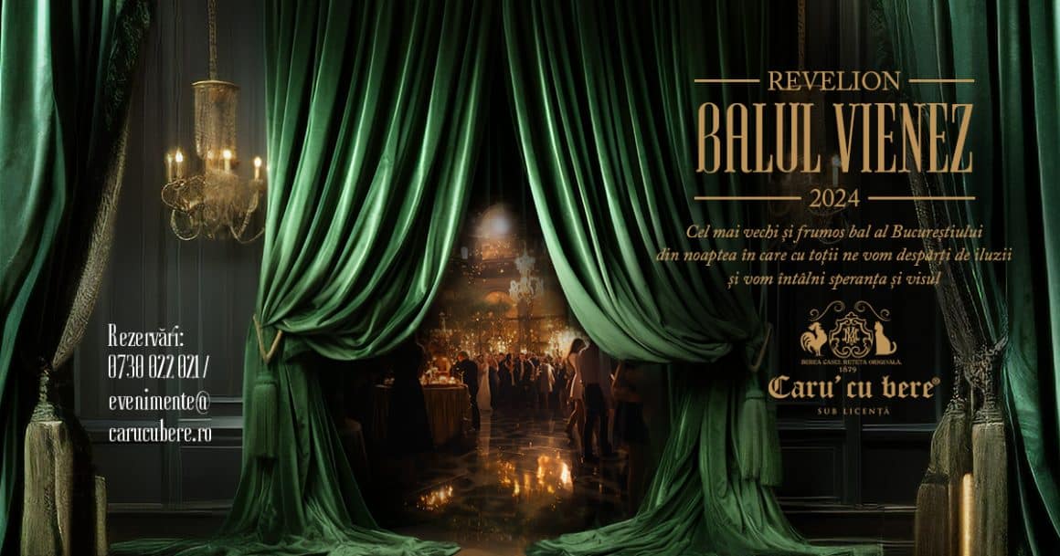 un afiș de petrecere la restaurante pentru revelion 2024, cu o sală de bal cu oameni și draperii mari, verzi, la Caru cu Bere