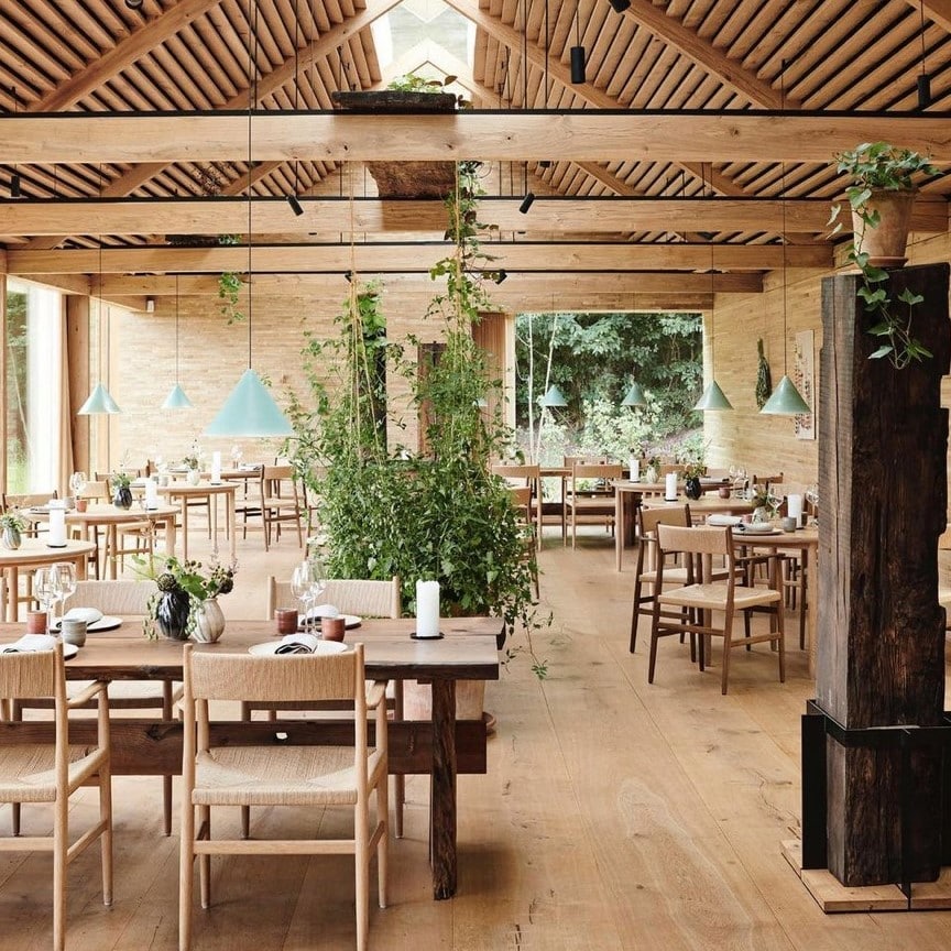 interiorul restaurantului noma din Copenhaga, cu mobilier de lemn, geamuri mari și plante naturale
