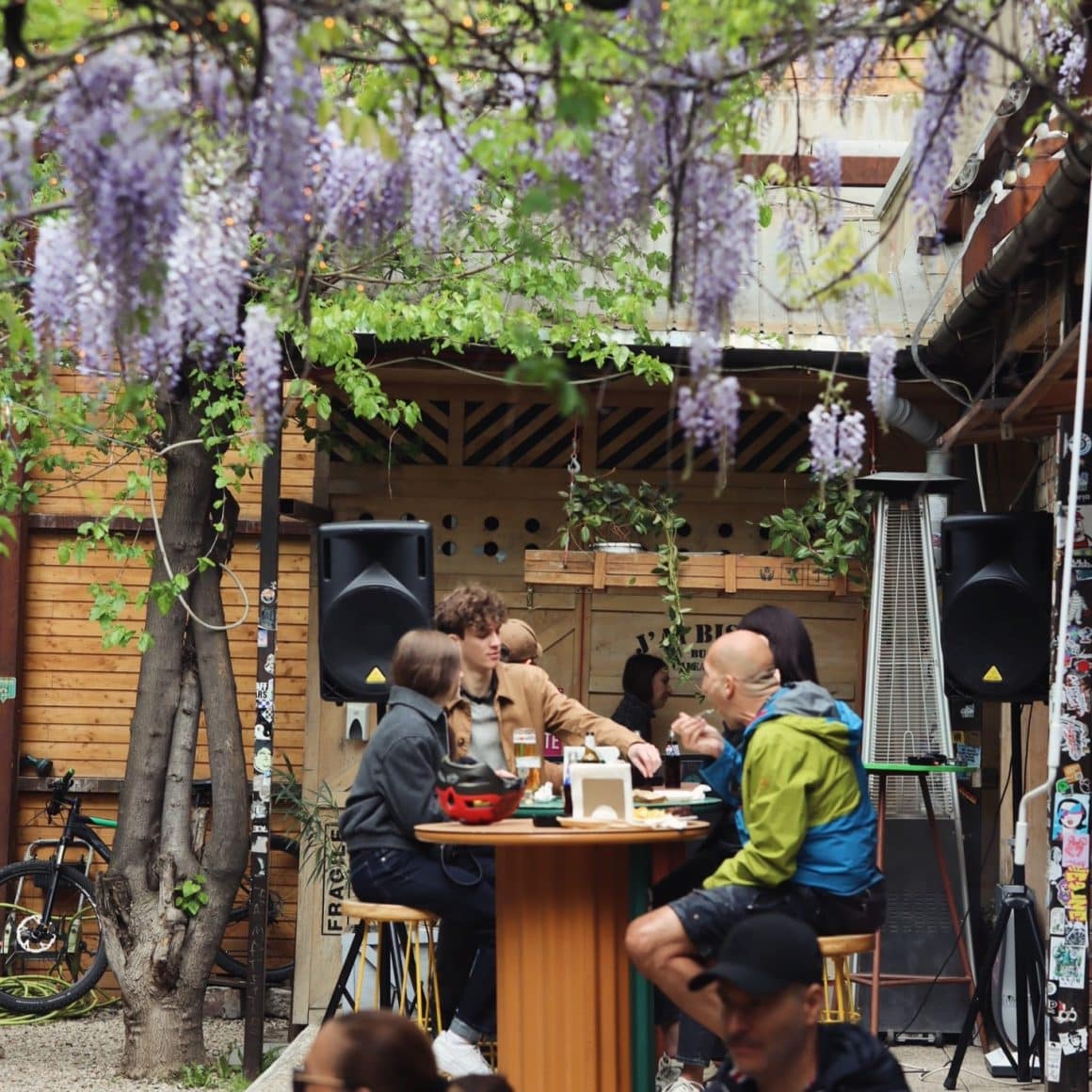 Oameni la terasa Jai Bistrot, iau masa pe terasa, sub o glicina inflorita