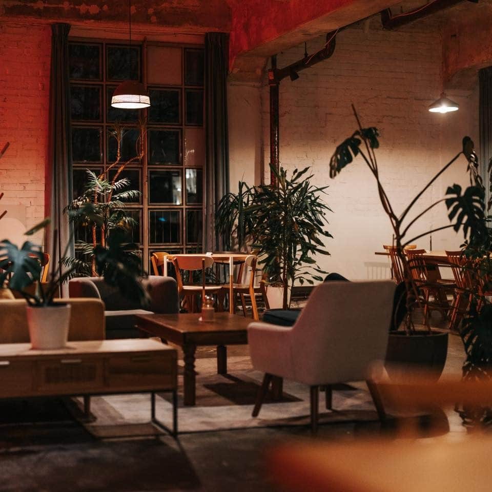 imagine de ansamblu din restaurant Deschis Gastrobar, cu mai multe mese si scaune din lemn, si multe ghivece cu plante decorative