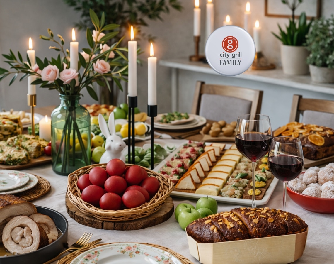 Masă decorată de Paște, plină cu preparate tradiționale românești de la City Grill, unde poți da comandă masa de Paște
