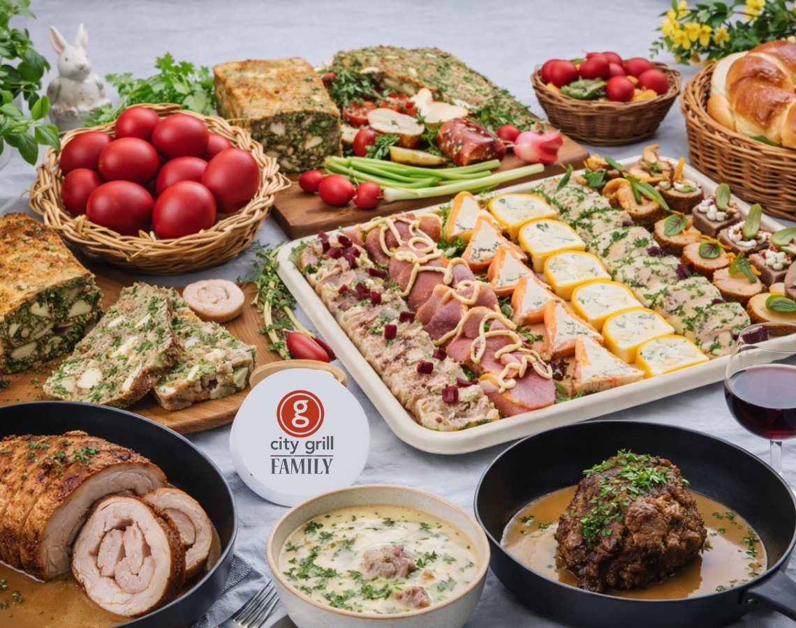 Masa de Paște completă de la City Grill Family – platou aperitiv, drob, ouă roșii, rulou de porc și ciorbă de miel