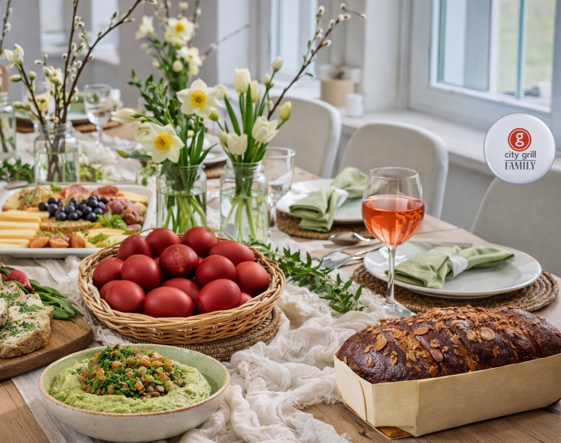 Masă de Paște aranjată cu preparate de la City Grill Family – ouă roșii, cozonac și platou aperitiv