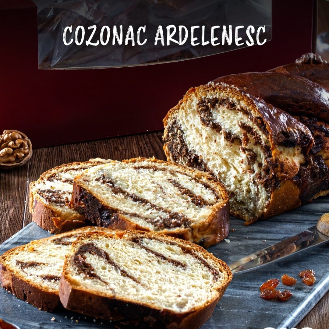 cozonac ardelenesc, frământat cu unt și umplutură de nuci și stafide. Ana Pan 2026. De unde cumperi pască și cozonac de Paște