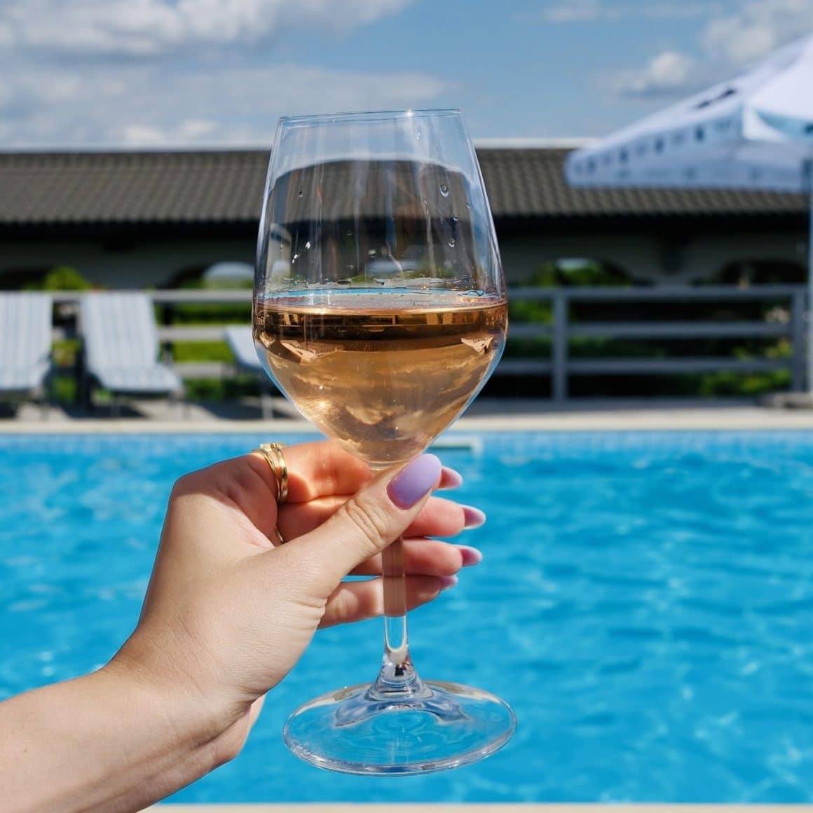 close up cu un pahar de vin fotografiat in dreptul unei piscine, la conacul Vinalia