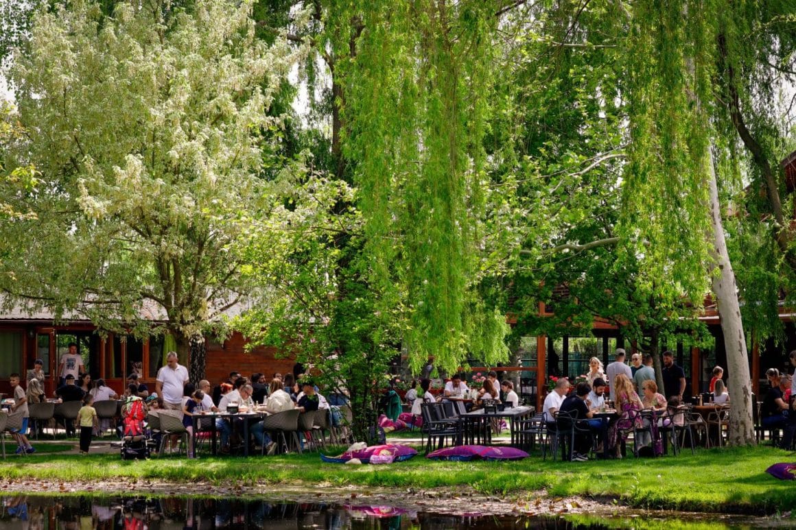 mai multi oameni iau masa la mese asezate in gradina, pe iarba, la restaurantul de la Acacia Village. Restaurante lângă București