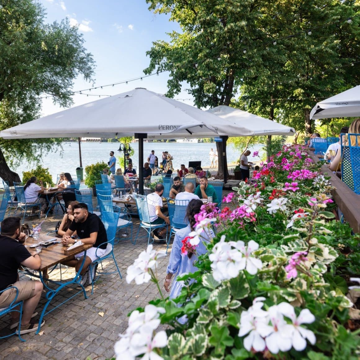 terasa restaurantului Pescarus, pe malul lacului herăstrău. Restaurante cu meniu pentru copii.