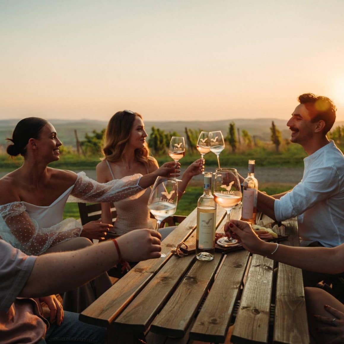 grup de tineri asezati la o masa din lemn ciocnesc pahare de vin la apus, iar in fundal vita de vie de la Crama Liliac. Crame din România