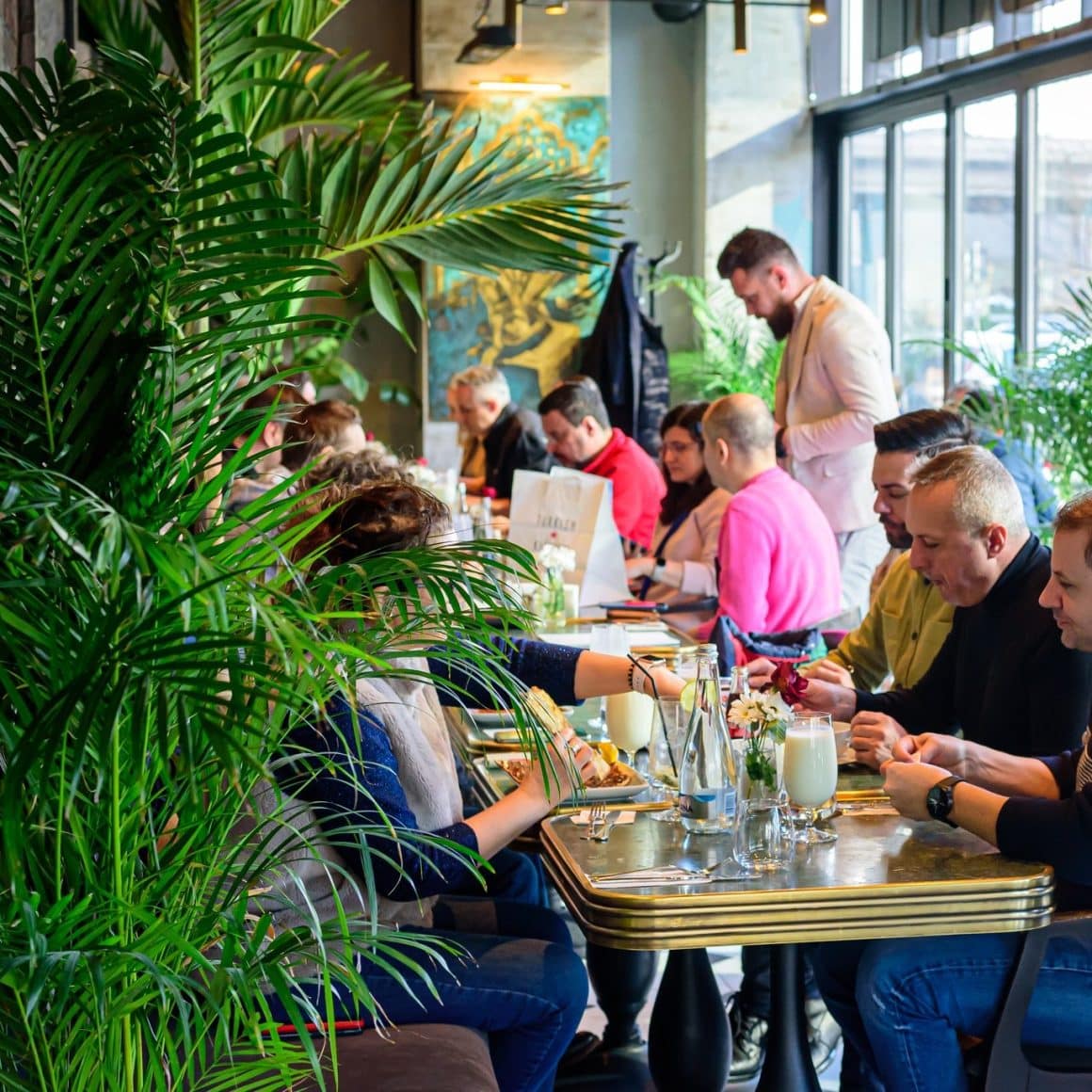 Interior Turkish Kitchen cu clienți la masă, unul dintre restaurantele turcești din București, atmosferă modernă și plante decorative.