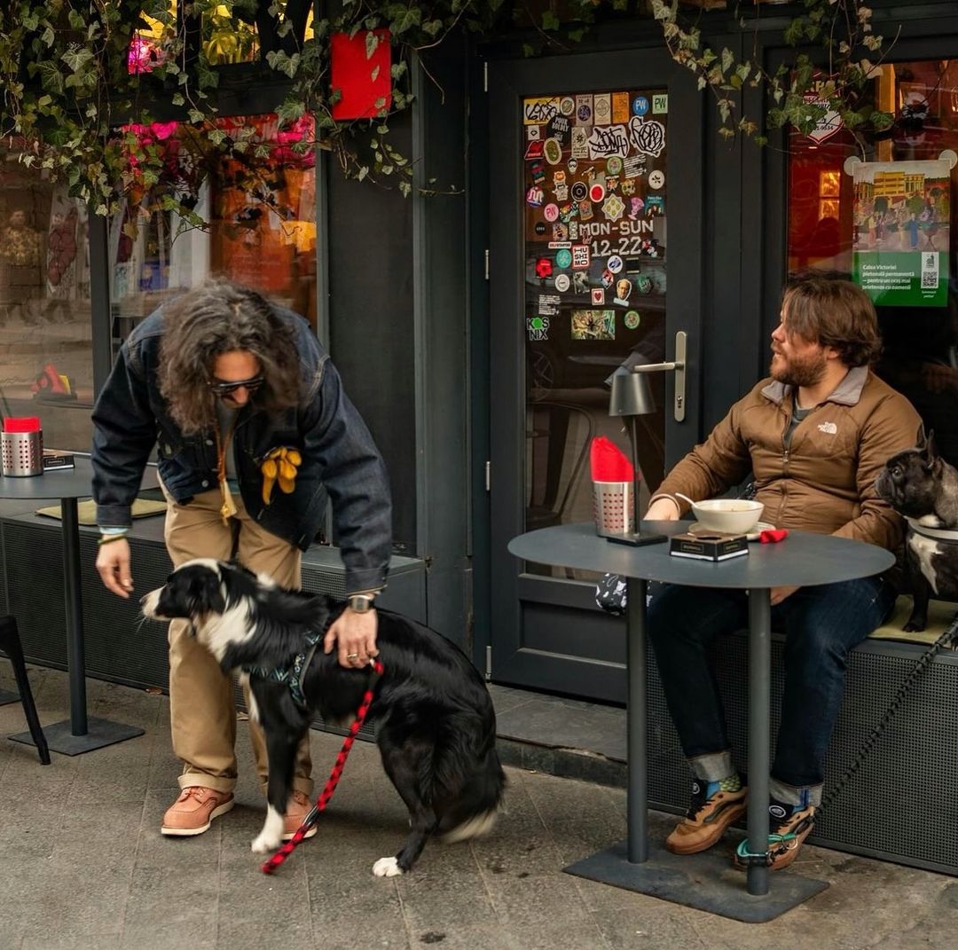 2 barbati si un caine la masutele de la intrarea la Hushimo București. Restaurante Amzei