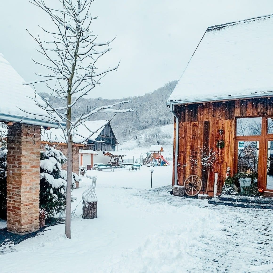 Casa Trappold, una din pensiuni cu ciubăr, fotografiată iarna cu casa si curtea pline de zapada