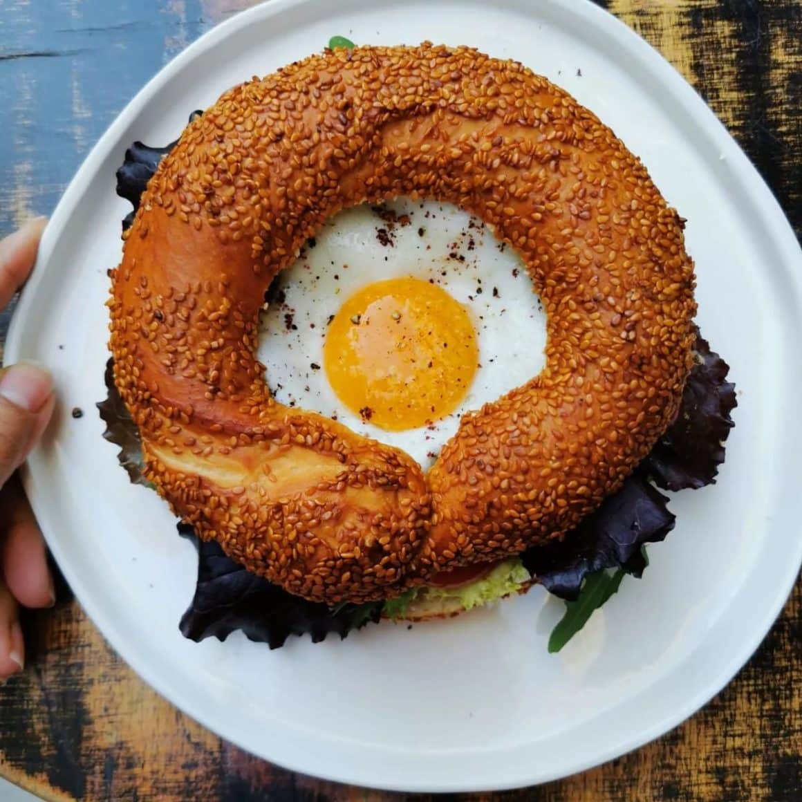 simit (covrig turcesc cu susan, cu ou ochi, cremă de brânză, roșii, castraveți și ceapă murată). Brunch București. Ou București