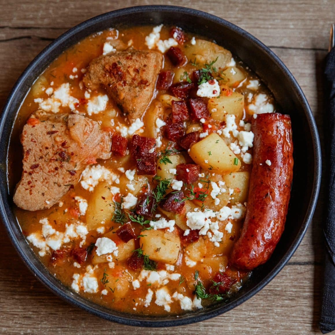 Tocană de cartofi cu carne de porc, cârnați la bardă, babic de Buzău,  și telemea veche de oaie dela Bucătăria.localfood București