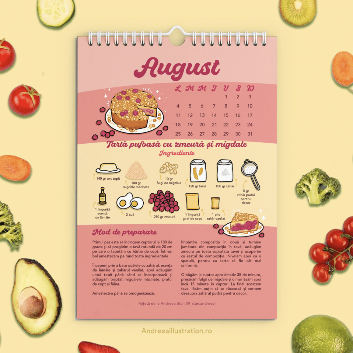 pagina lunii august din calendar cu retete ilustrate 2025 de la Andreea Illustration