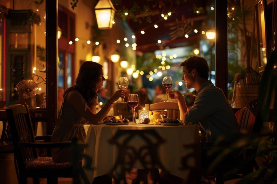 Cuplu la o cina romantica la lumina lumanarilor. Restaurante romantice București. Date spots București