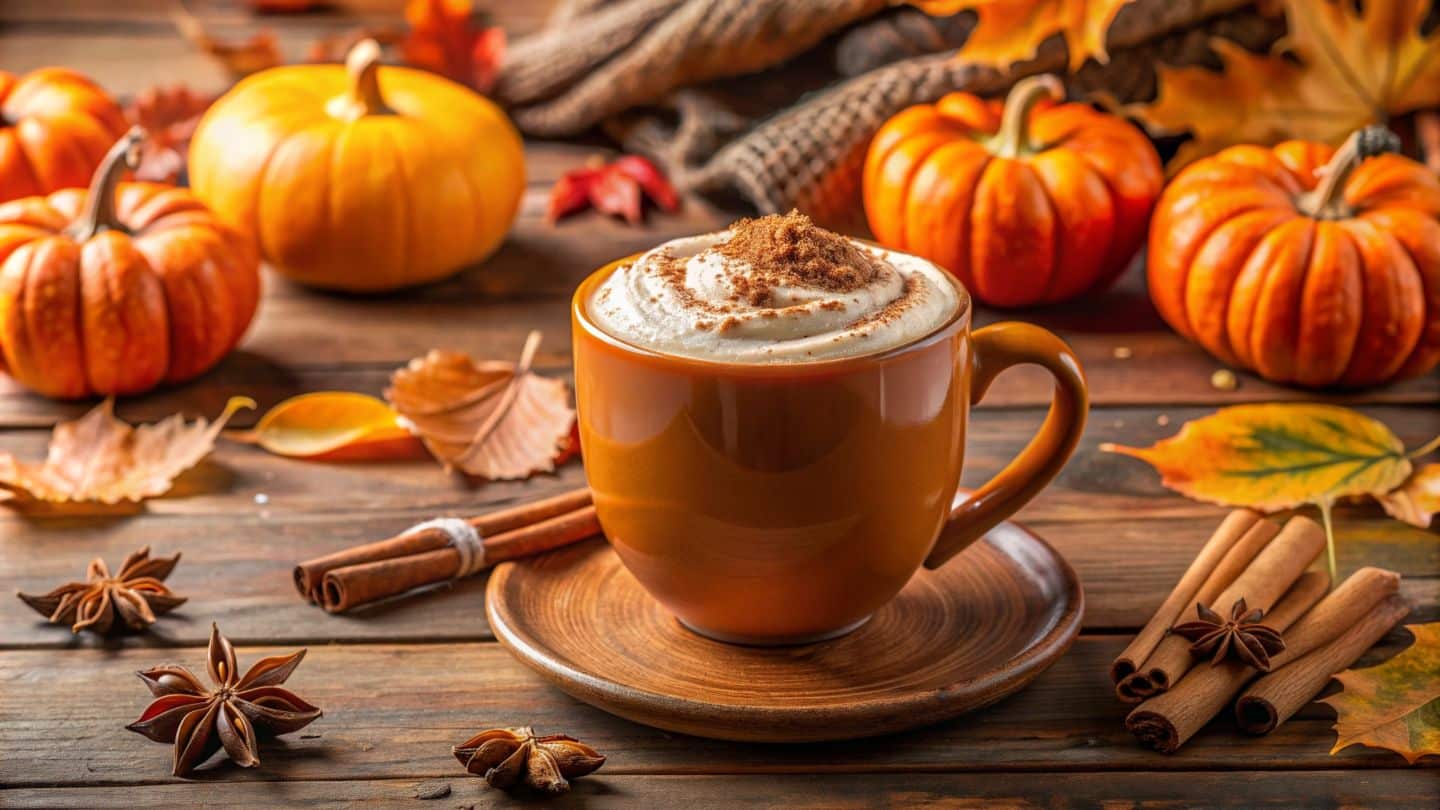 Pumpkin Spice Latte, printre frunze si dovleci, pe fundal mov, fotografiate de sus