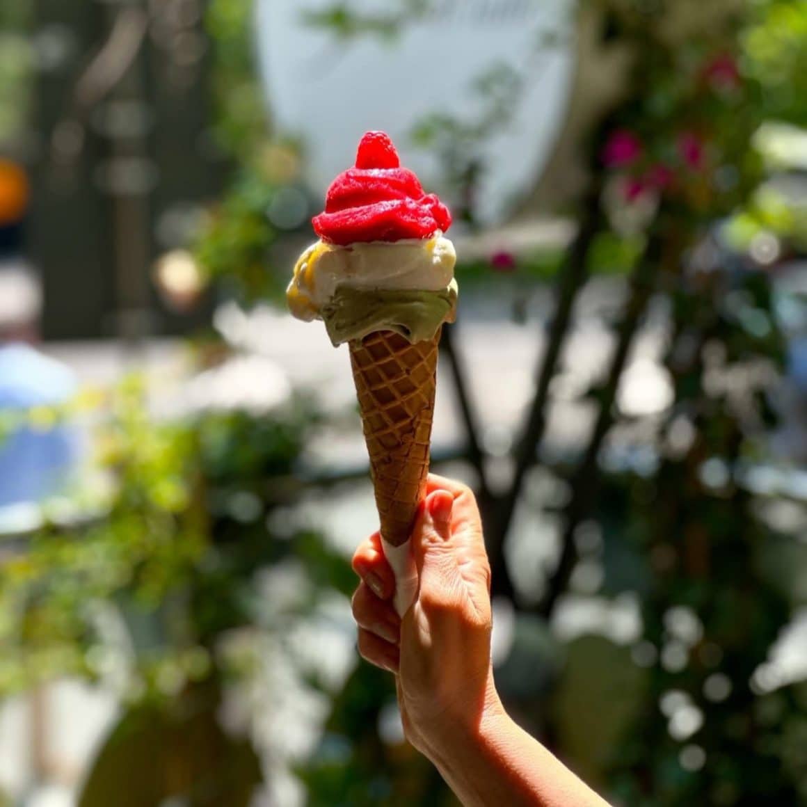 trei cupe de inghetata la cornet de la Fior di Latte București, restaurant cu înghețată artizanală București