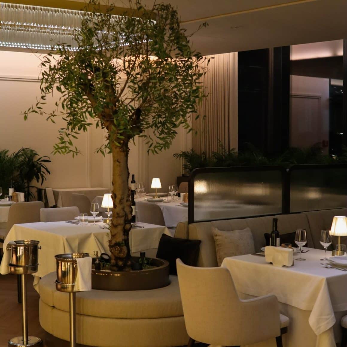 interior restaurant Fish House București, cu mese aranjate și copac decorativ