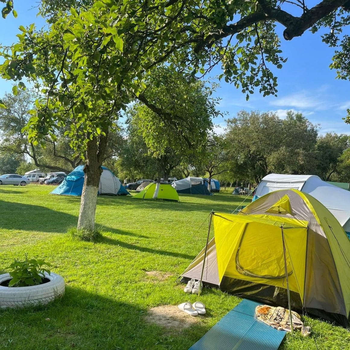 Corturi asezata pe iarba, printre copaci, la Heaven Camping Bran. Cele mai frumoase campinguri din România. 