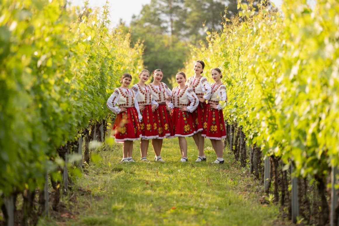 6 fete tinere, in costum tradițional moldovenesc, fotografiate intr-o podgorie de vie