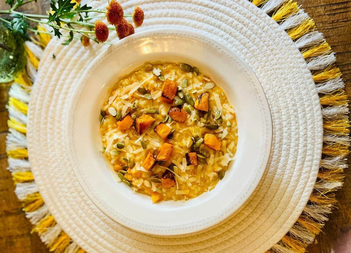 Risotto cu dovleac copt, semințe de dovleac și parmezan. Noutîți din meniurile de toamnă ale restaurantelor din București