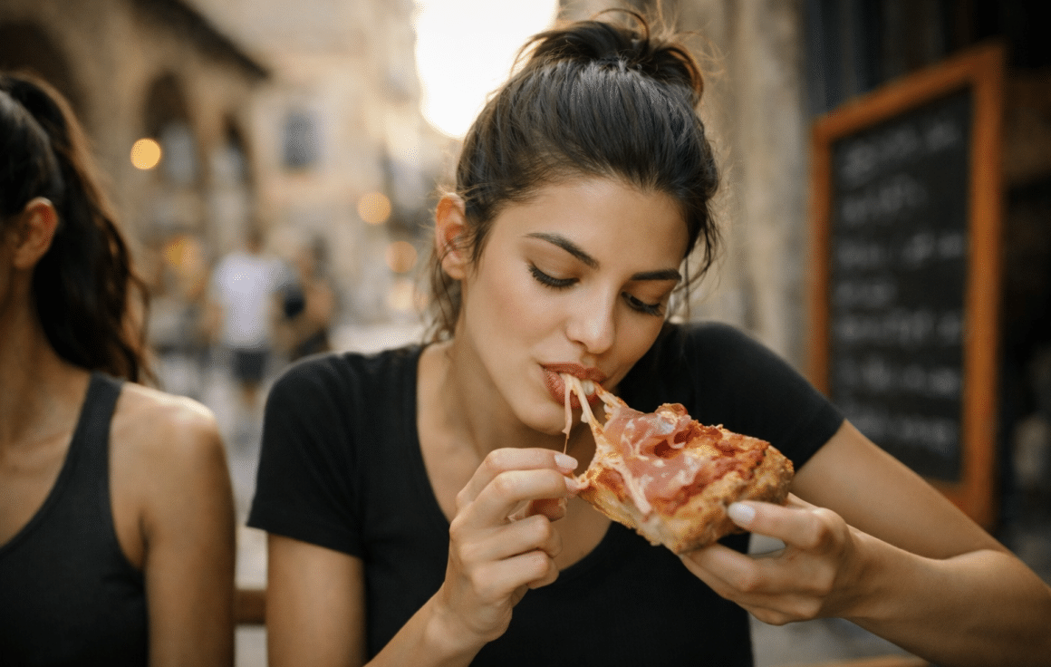 Femeie tânără mâncând o felie de pizza – cele mai iubite preparate din București