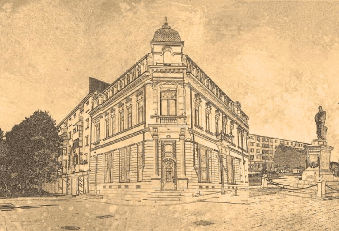 Clădire de patrimoniu din Piața Ovidiu Constanța – ilustrație vintage cu statuia lui Ovidiu în fundal