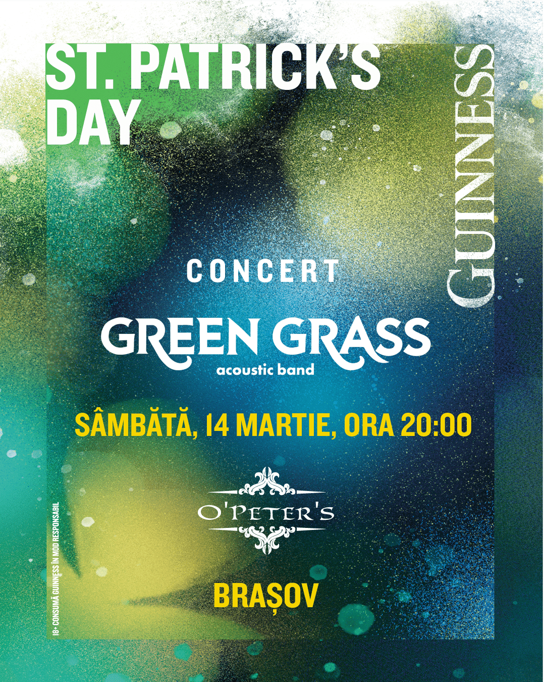 Afiș concert Green Grass de la pubul O’Peter’s Irish Pub din Brașov, unde să sărbătorești St. Patrick's Day în Brașov, la o bere Guinness