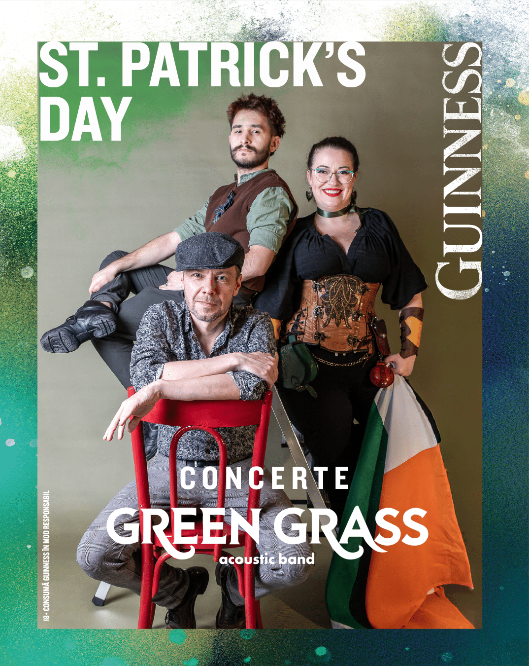 Afiș concert Green Grass de la pubul O’Peter’s Irish Pub din Brașov, unde să sărbătorești St. Patrick's Day în Brașov, la o bere Guinness