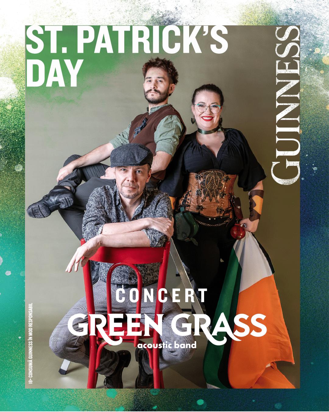 afis cu membrii trupei Green Grass pentru concert la O’Peter’s Irish Pub din Cluj, de St. Patrick's Day. Un loc unde sa bei bere Guinness