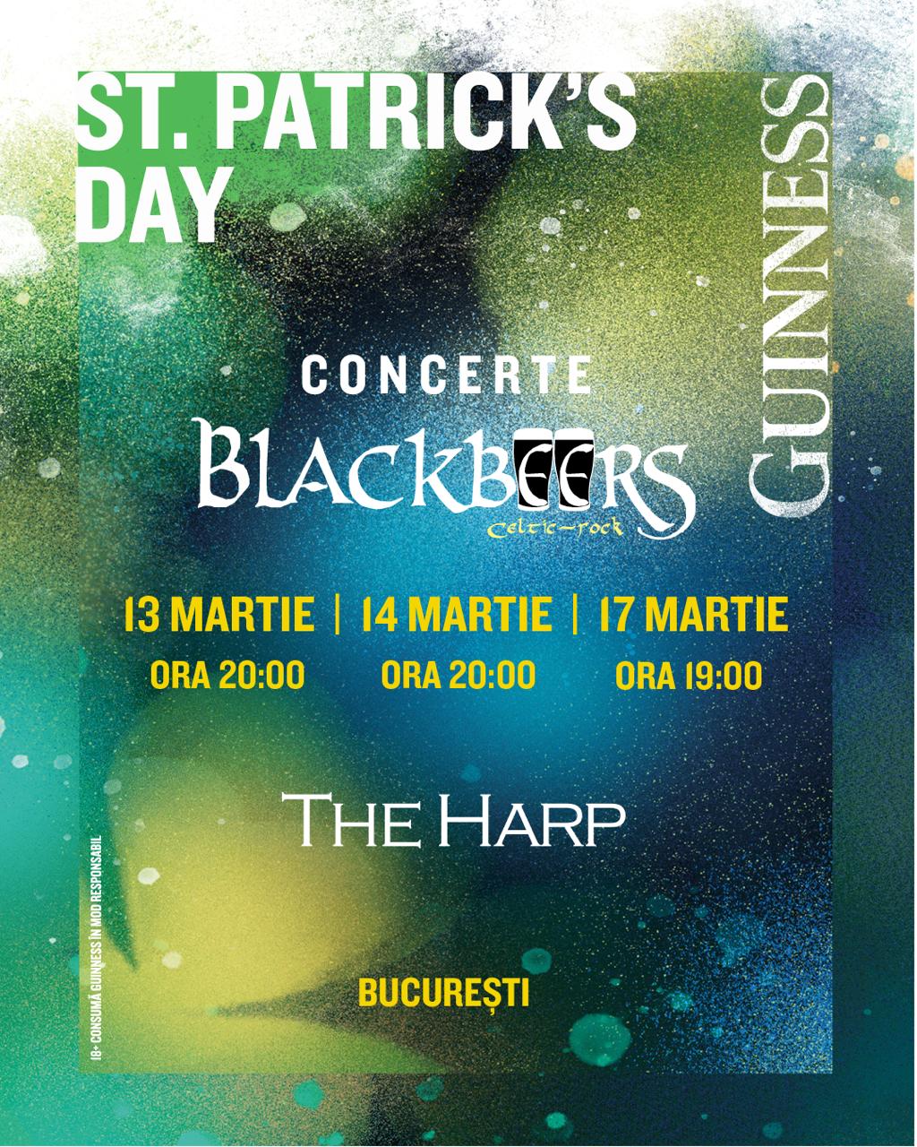 afiș concert Blackbeers de St. Patrick's Day în pubul The Harp București, eveniment susținut de Guinness