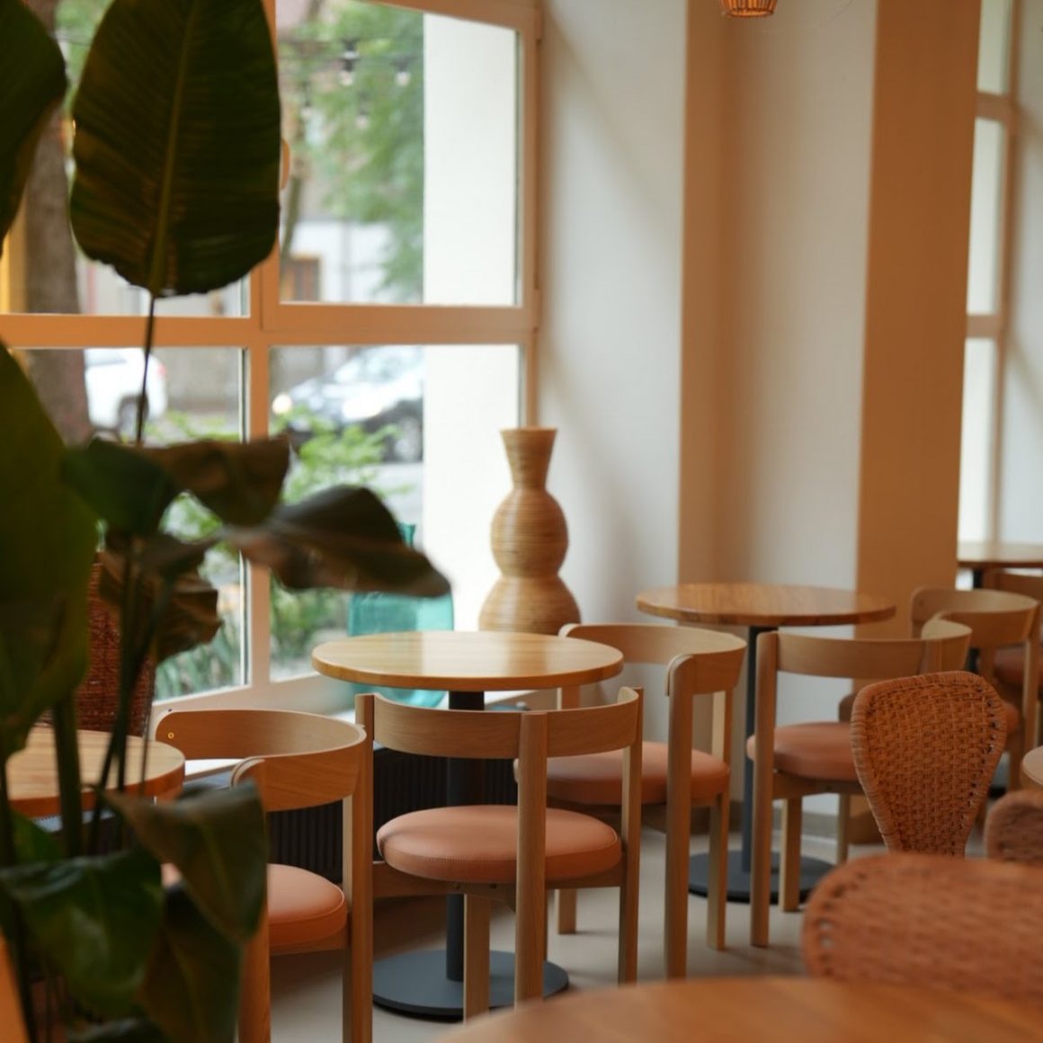 Mese lângă ferestrele mari, printre plante, în sala Cookie Beacon Floreasca