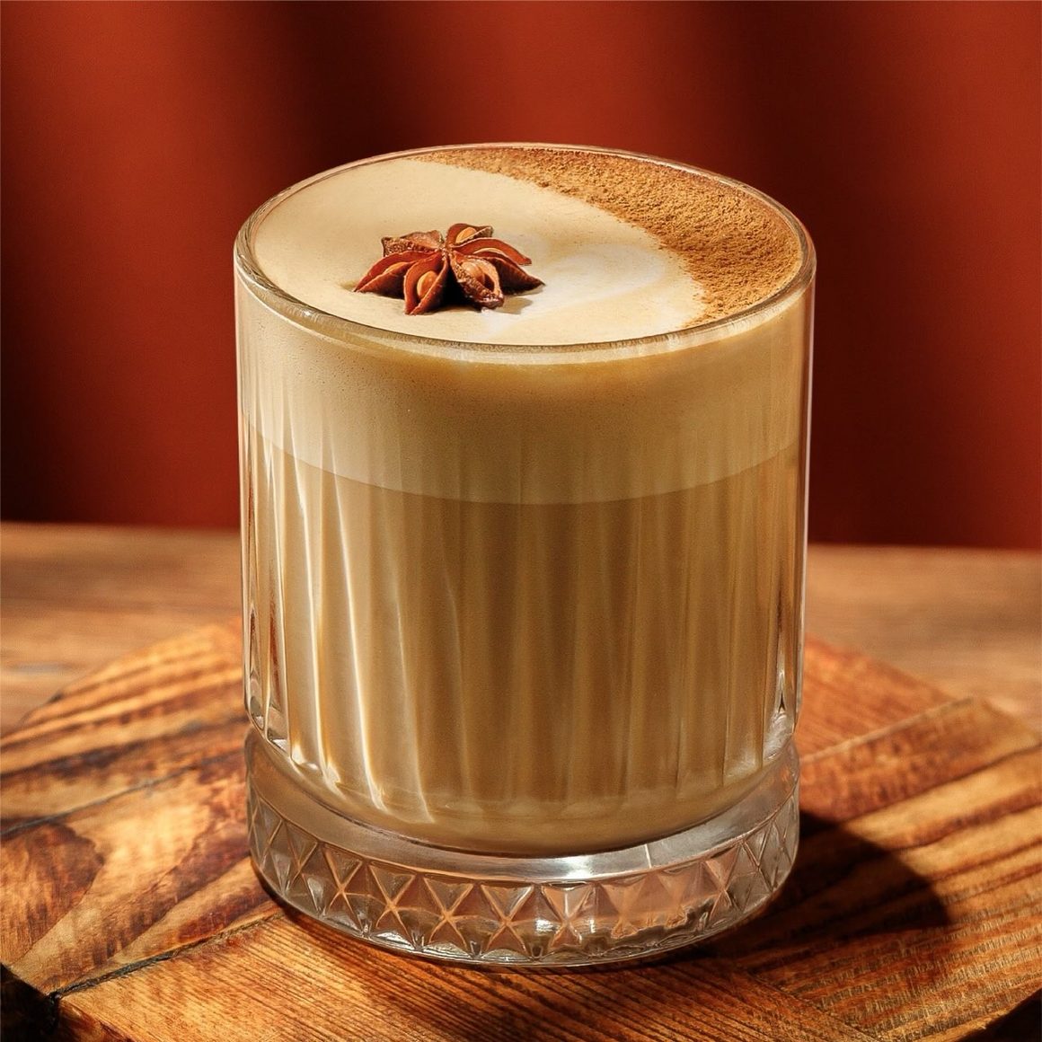 Ginger Cookie Mocha de la Tucano Coffee, cu cafea, cremă de lapte și topping crocant de biscuiți, într-un pahar elegant.